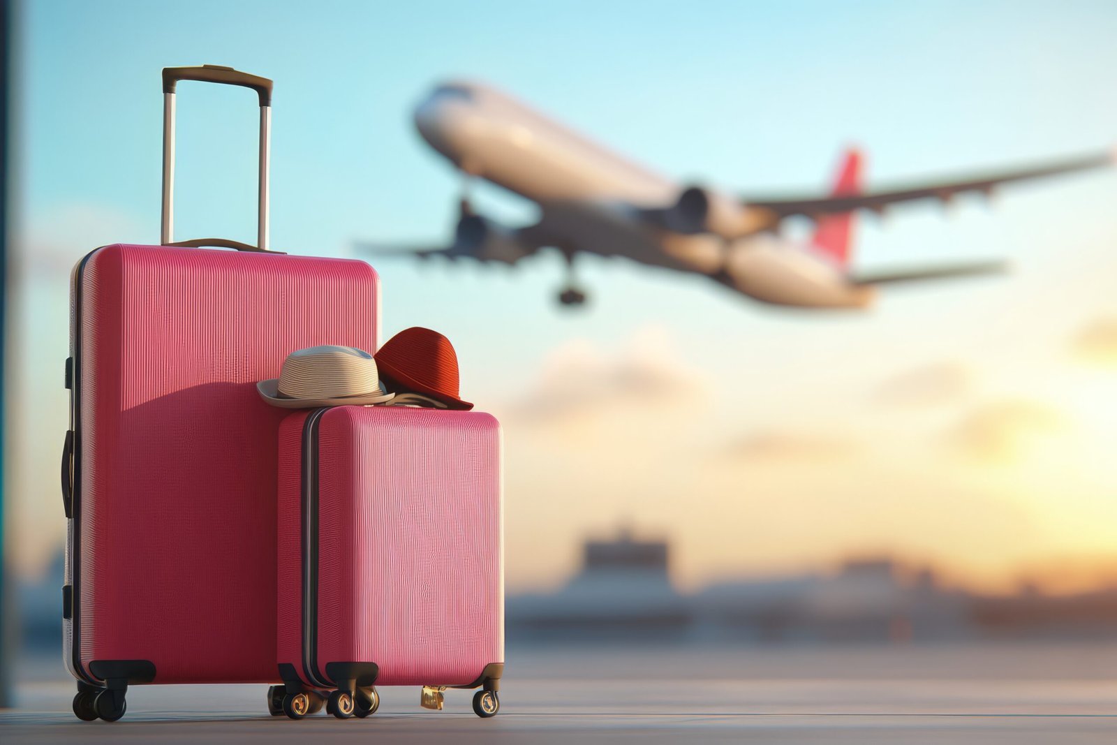 luggage ready for travel at sunset with airplane taking off in the background